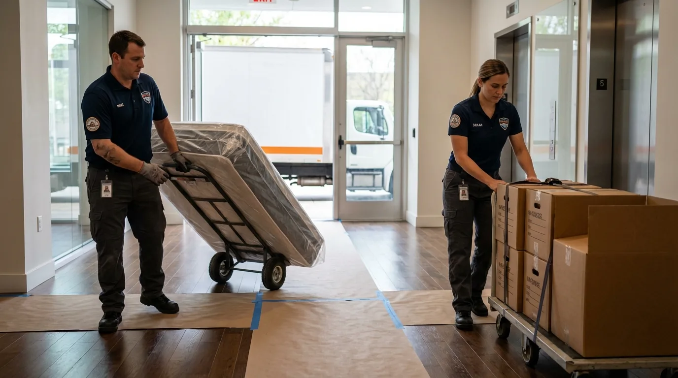 Professional apartment movers loading elevator in Spring Valley, IL